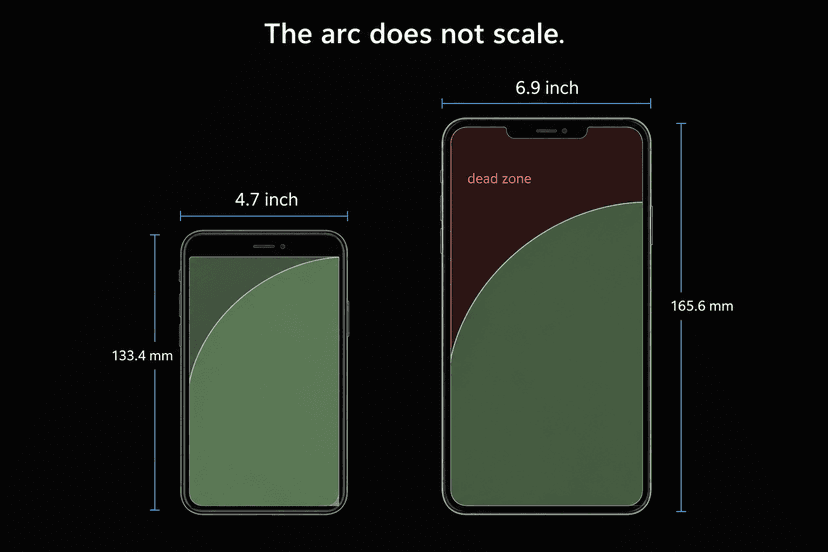 The same thumb arc on a 4.7 inch and a 6.9 inch screen, with a dead zone on the larger one
