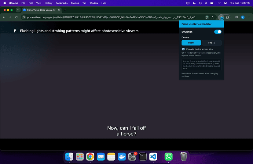 Prime Video playing a title in a desktop Chrome window on macOS with the extension popup open