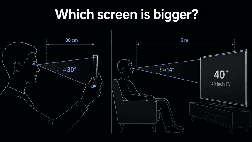 A phone at 30 cm filling 30 degrees of vision beside a 40 inch TV at 2 m filling 14
