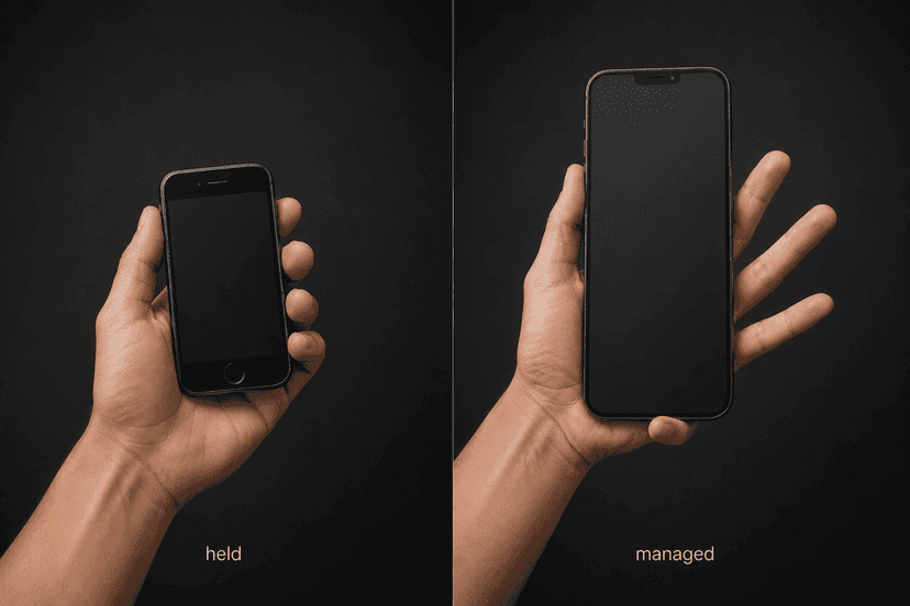 A small phone held comfortably, and a large phone gripped with the little finger propping it up