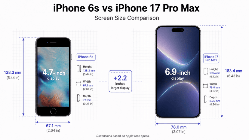 iPhone 6s and iPhone 17 Pro Max compared by height, width and depth